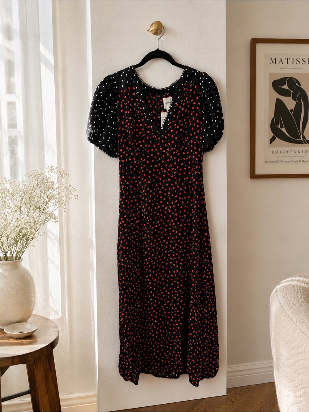 Black & Red Heart Print Midi Dress • Puff Sleeve Romantic Dress